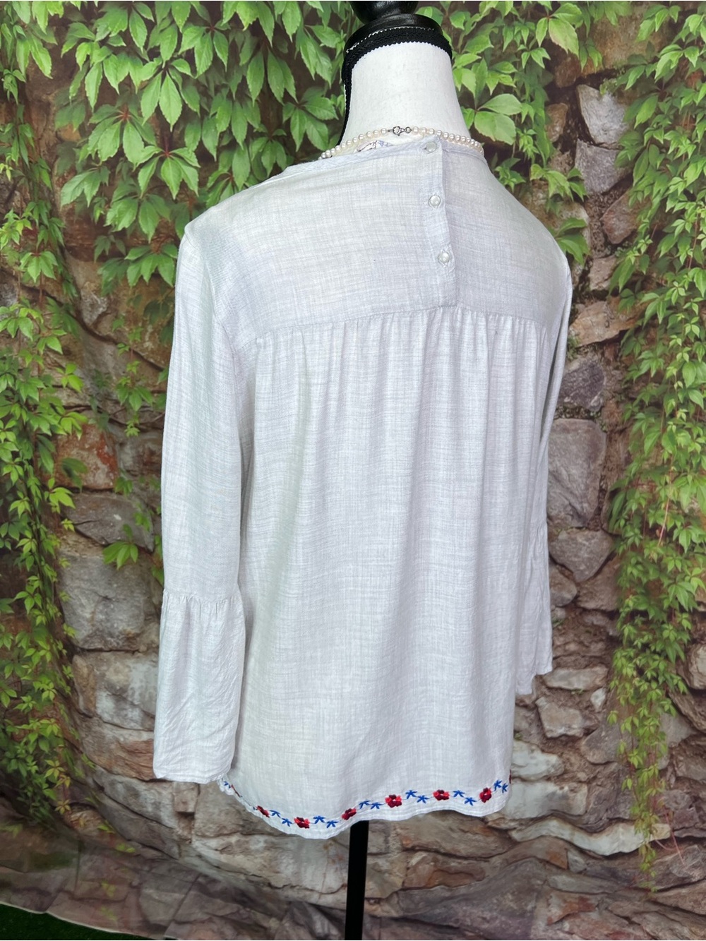 FALMER HERITAGE Pale Gray Embroidered Bohemian Peasant Blouse, UK 12/ US 8 - Picture 8 of 14